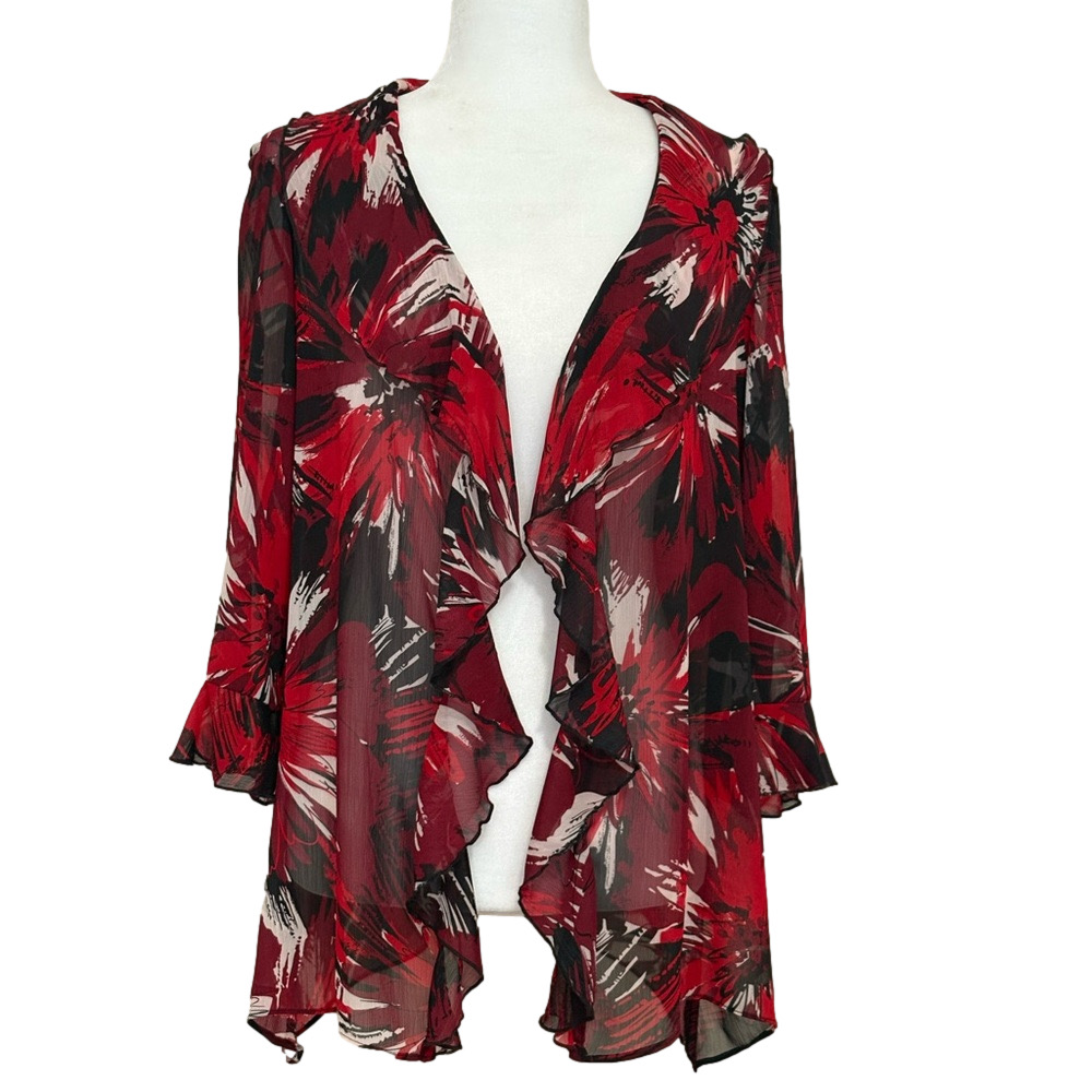 Red Floral Ruffled Open-Front Women's Top